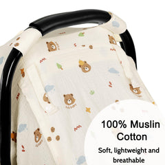 Hooyax bear muslin car seat cover in privacy mode shielding baby from wind.