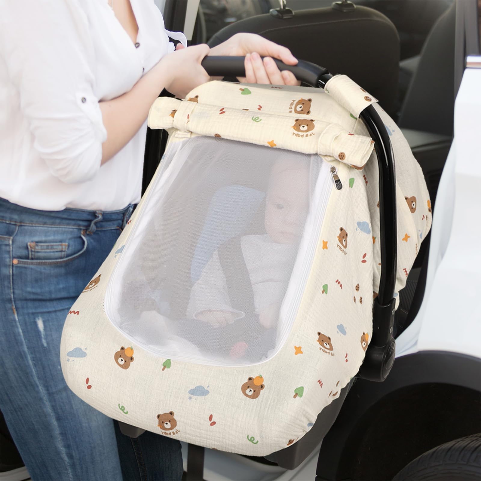Hooyax bear muslin car seat cover with universal fit.