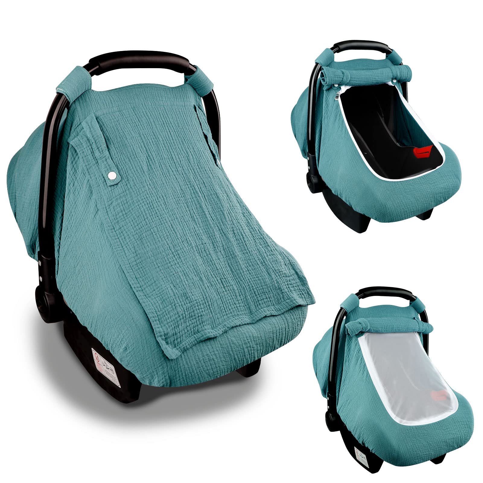 Hooyax blue muslin car seat cover keeps baby comfortable and protected.