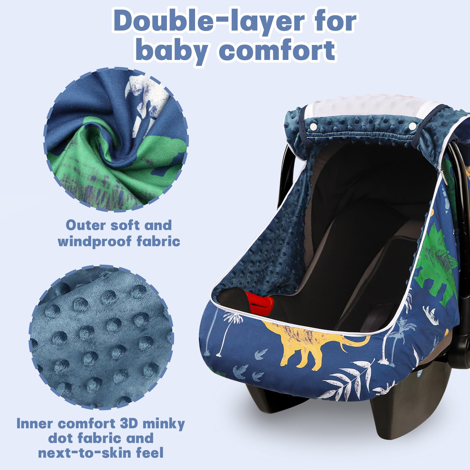 Hooyax Dinosaur car seat cover features extra-large window for easy access and visibility.