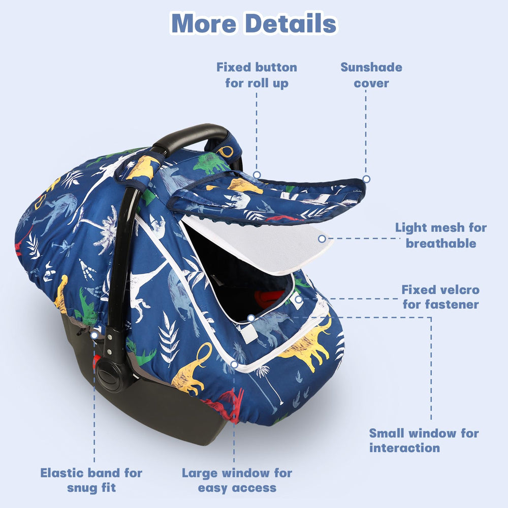 Hooyax Dinosaur car seat cover installs in seconds with adjustable elastic and Velcro.
