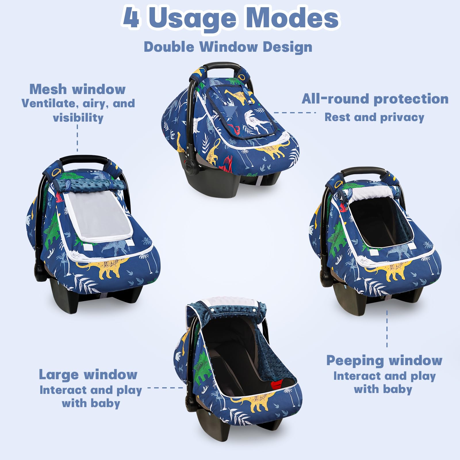 Hooyax Dinosaur car seat cover shows mesh ventilation window for baby comfort.