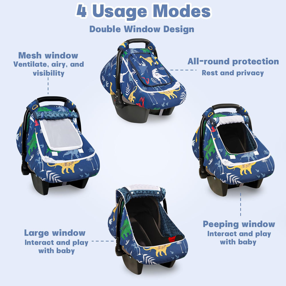 Hooyax Dinosaur car seat cover shows mesh ventilation window for baby comfort.