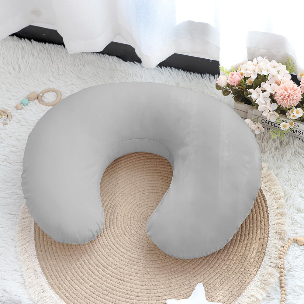 Hooyax grey nursing pillow cover in use during feeding.