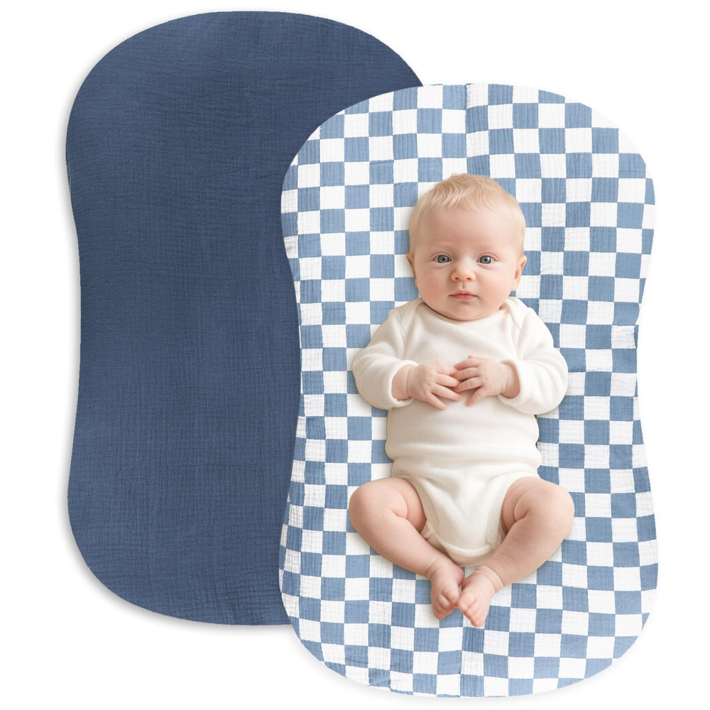 Hooyax muslin baby lounger cover blue checker closeup highlights breathable cotton feel.