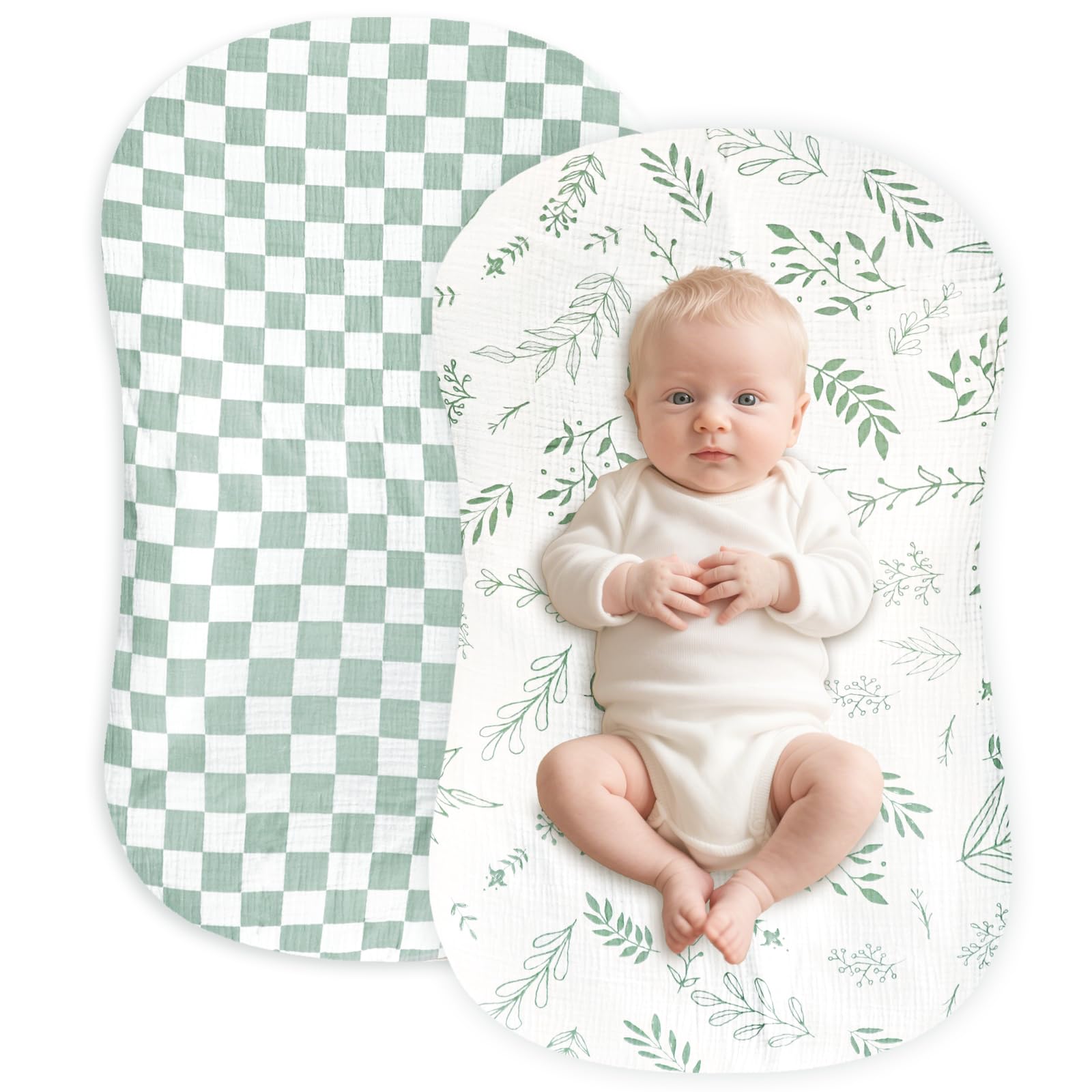 Hooyax muslin lounger cover in green checker and leaf, ultra-soft cotton for baby skin