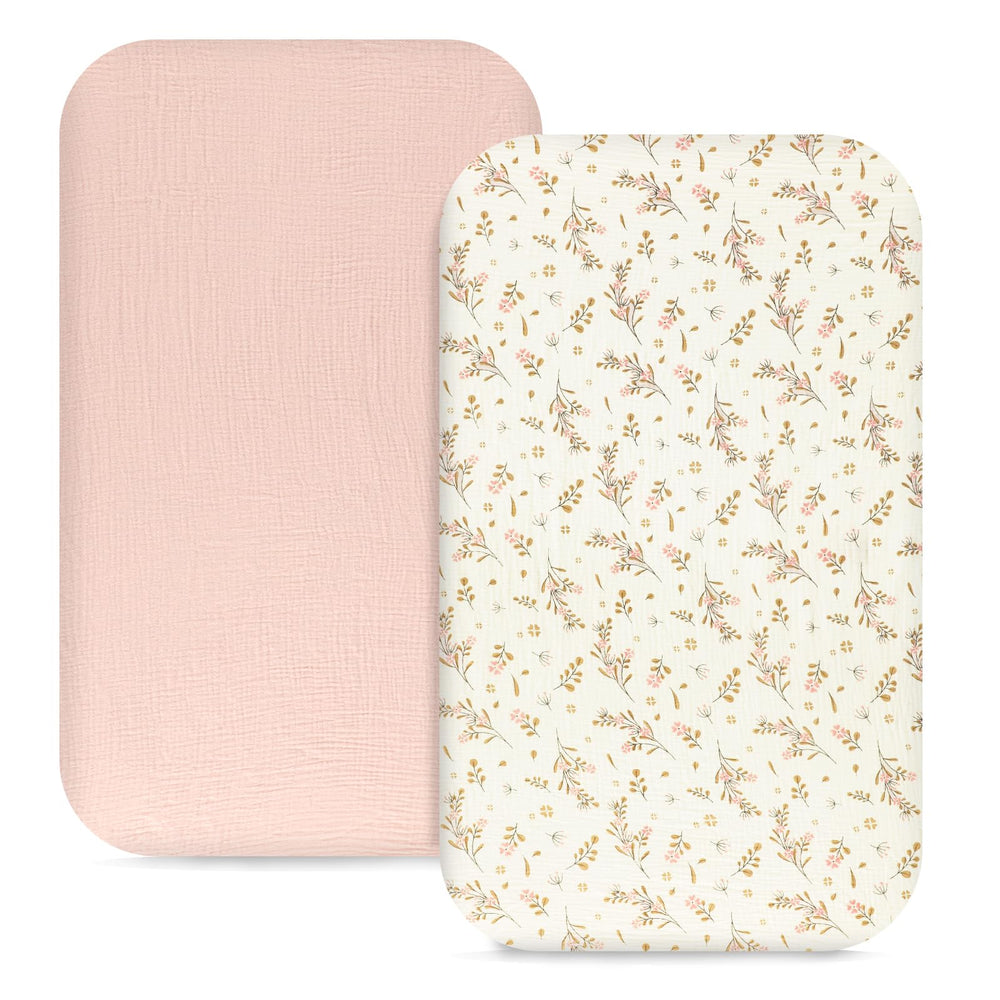Hooyax muslin bassinet sheets pink flower packaging, ideal baby registry gift.