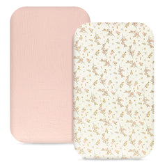 Hooyax muslin bassinet sheets pink flower packaging, ideal baby registry gift.