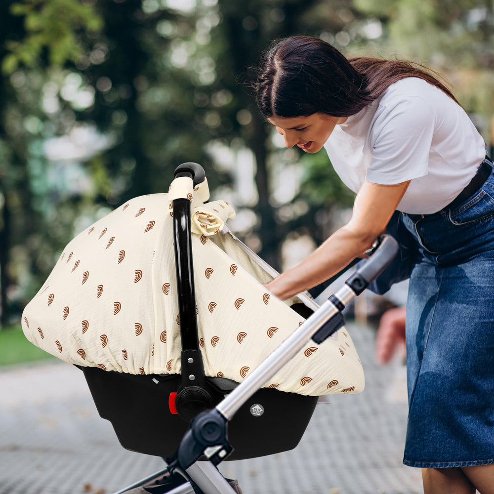 Hooyax Muslin Car Seat Cover quick-snap installation for busy parents