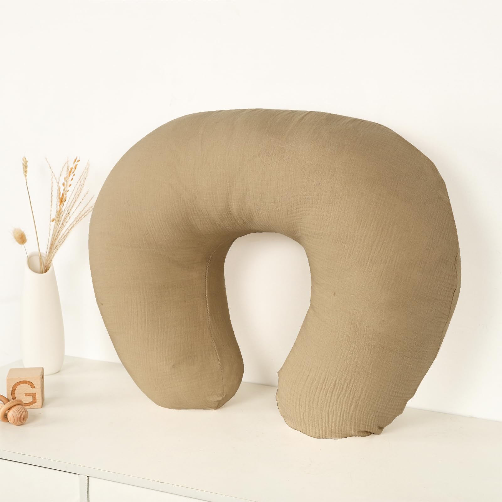 Hooyax muslin nursing pillow cover in brown color ideal for unisex baby spaces.