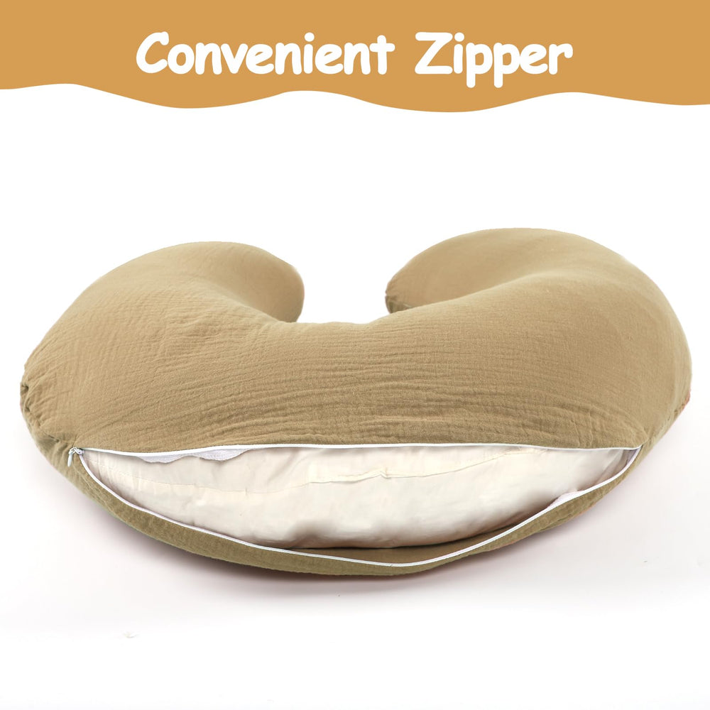 Hooyax muslin nursing pillow cover close-up highlights durable, machine-wash-friendly fabric.