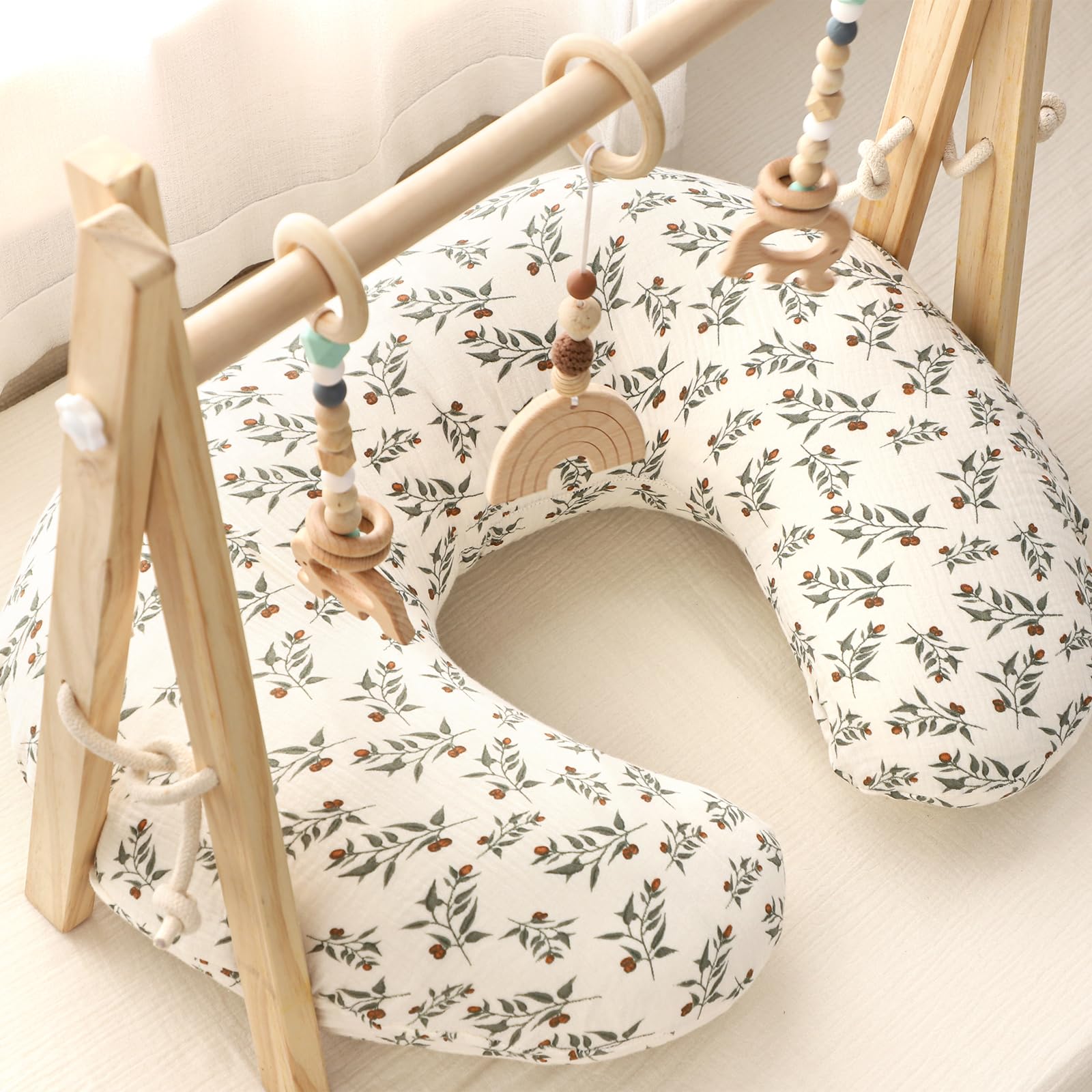 Hooyax muslin nursing pillow cover easy slip-on for quick changes.