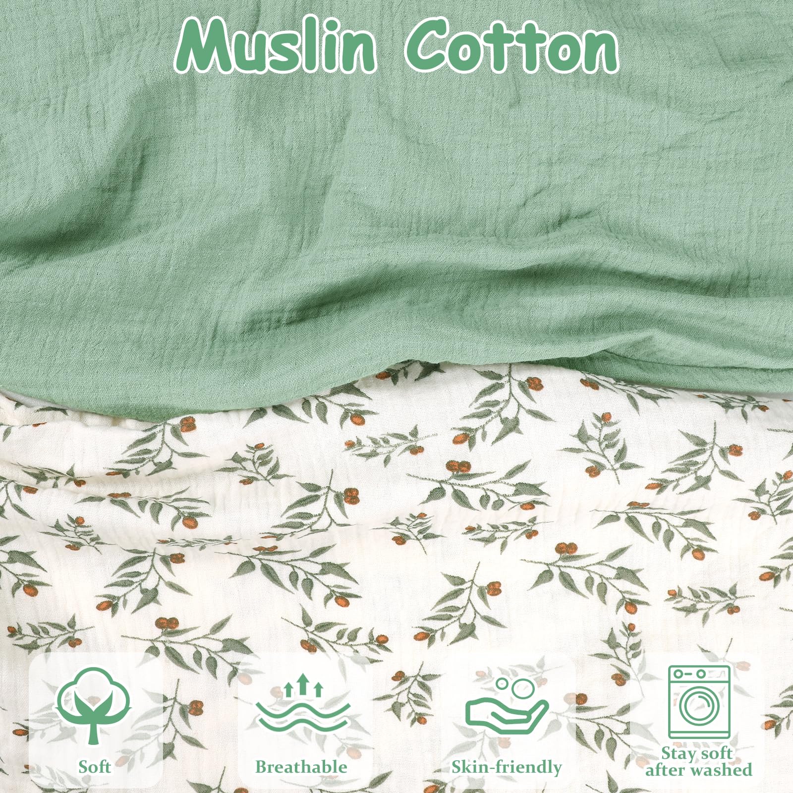 Hooyax muslin nursing pillow cover with green leaf design, breathable fabric for baby comfort.