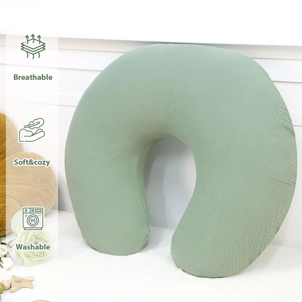 Hooyax muslin nursing pillow cover—nursery-style look pairs with green decor.