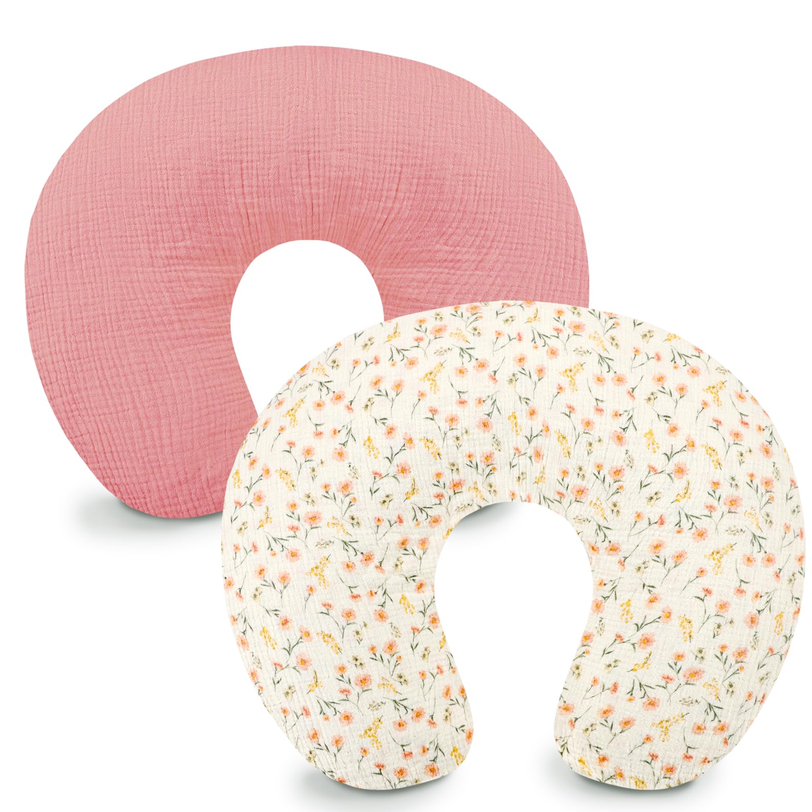 Hooyax muslin nursing pillow cover in pink floral closeup, ultra-soft fabric for baby comfort