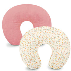 Hooyax muslin nursing pillow cover in pink floral closeup, ultra-soft fabric for baby comfort