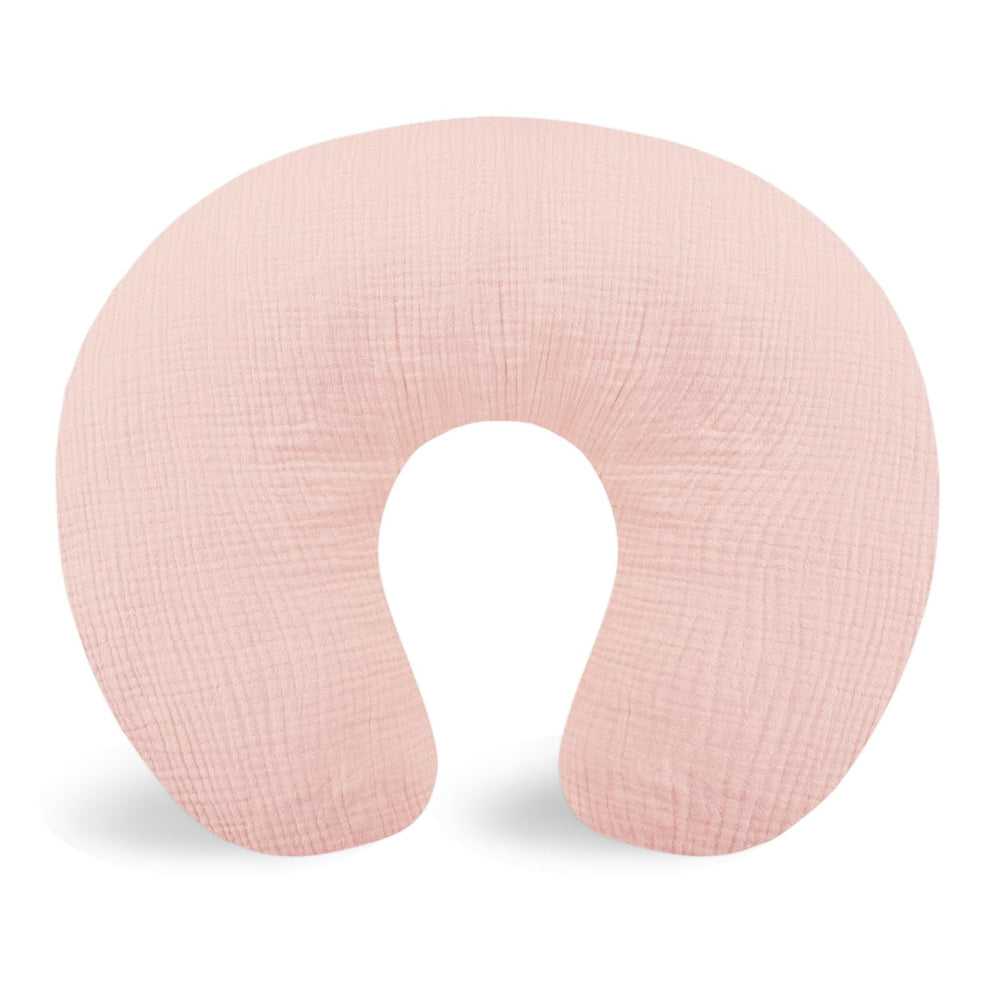 Hooyax muslin nursing pillow cover in pink front view, soft breathable fabric for baby's skin