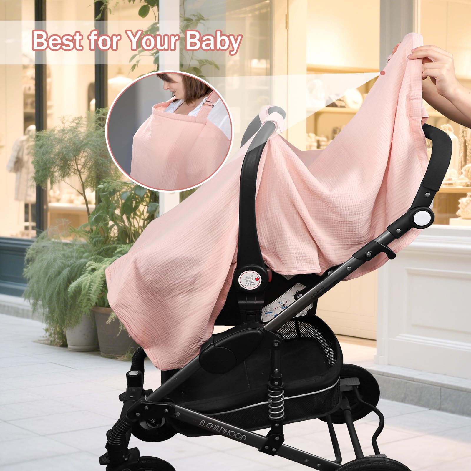 Soft pink color complements stroller outings and daily errands.
