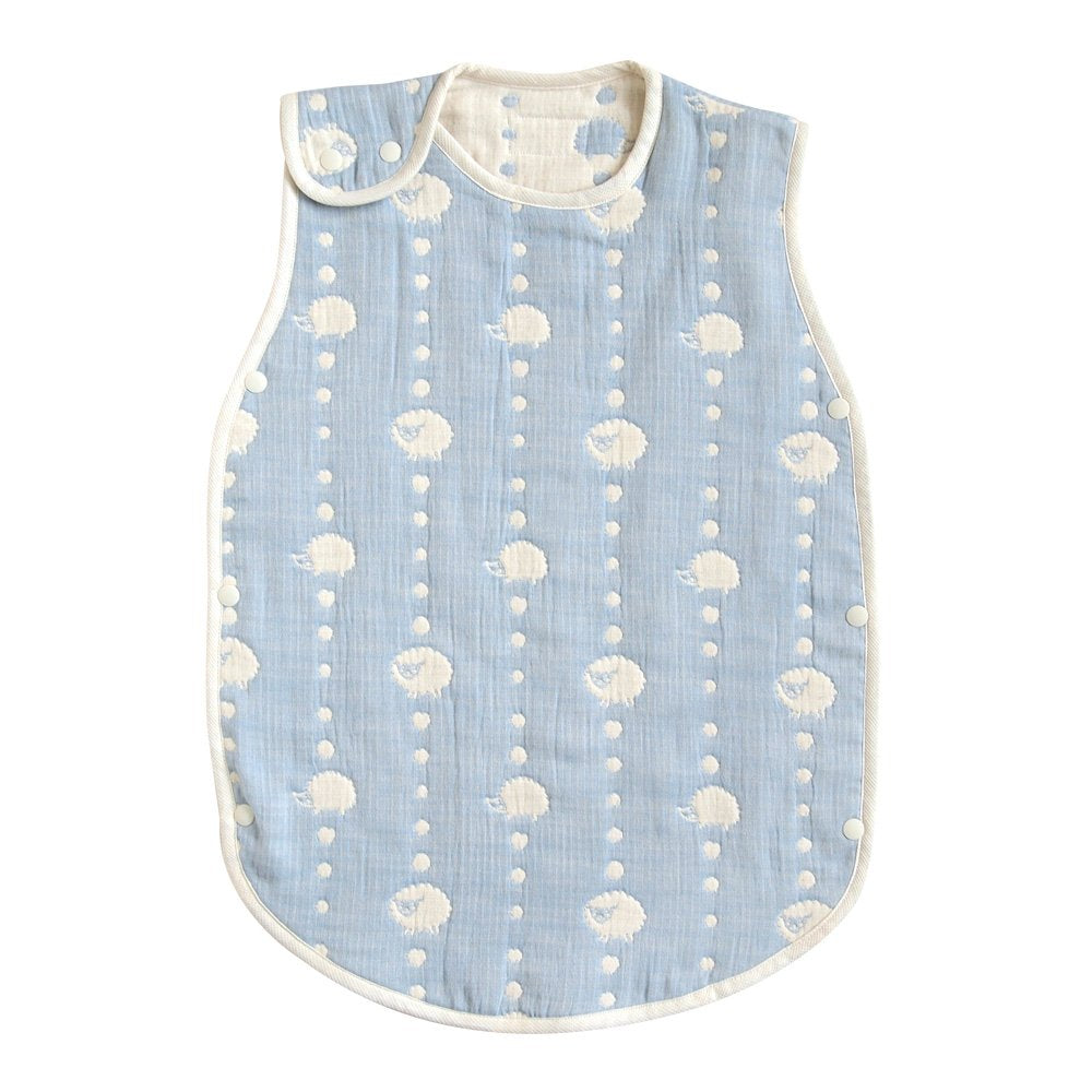 Hoppetta sky blue double gauze sleeper front view, breathable fabric for gentle naps.