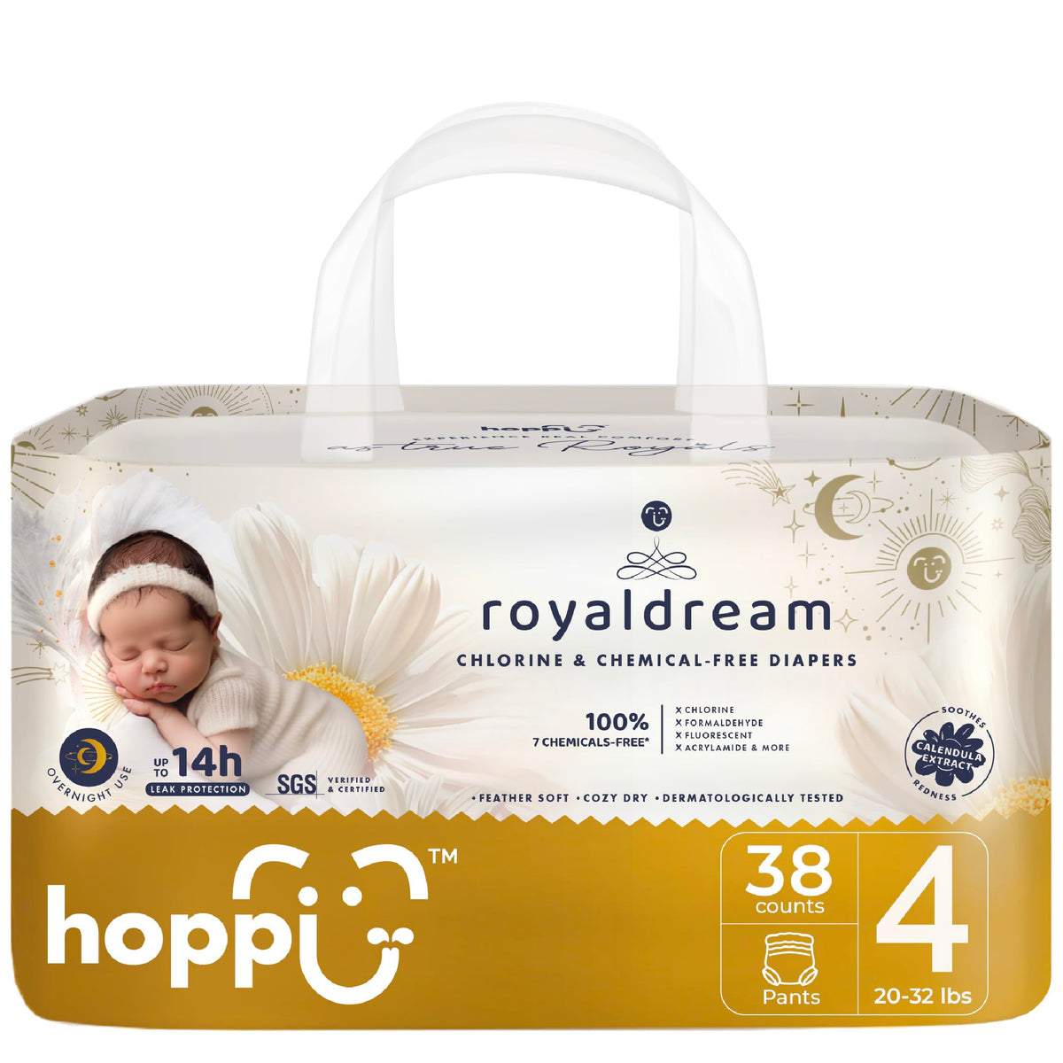 Hoppi pull-up style diapers with 360° waistband for secure all-day protection.