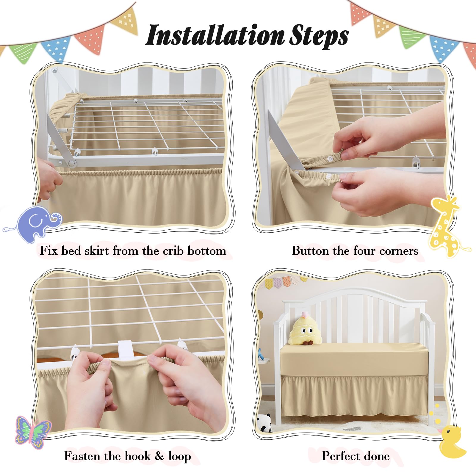 Horbaunal crib skirt with 14-inch drop adds elegance while concealing under-bed storage.