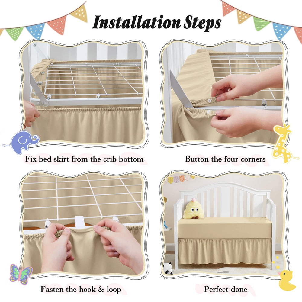 Horbaunal crib skirt with 14-inch drop adds elegance while concealing under-bed storage.
