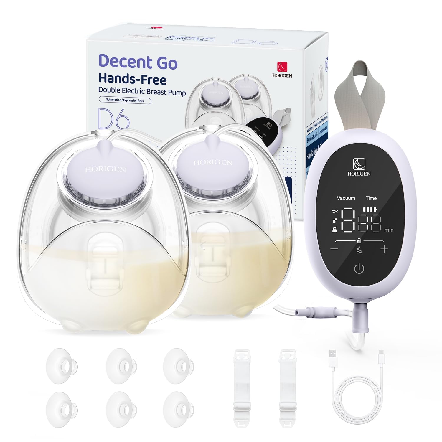 HORIGEN D6 with 6oz cups ready for hands-free pumping during errands.