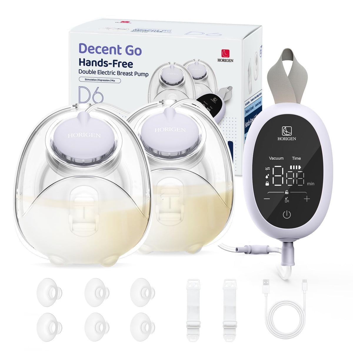 HORIGEN D6 with 6oz cups ready for hands-free pumping during errands.
