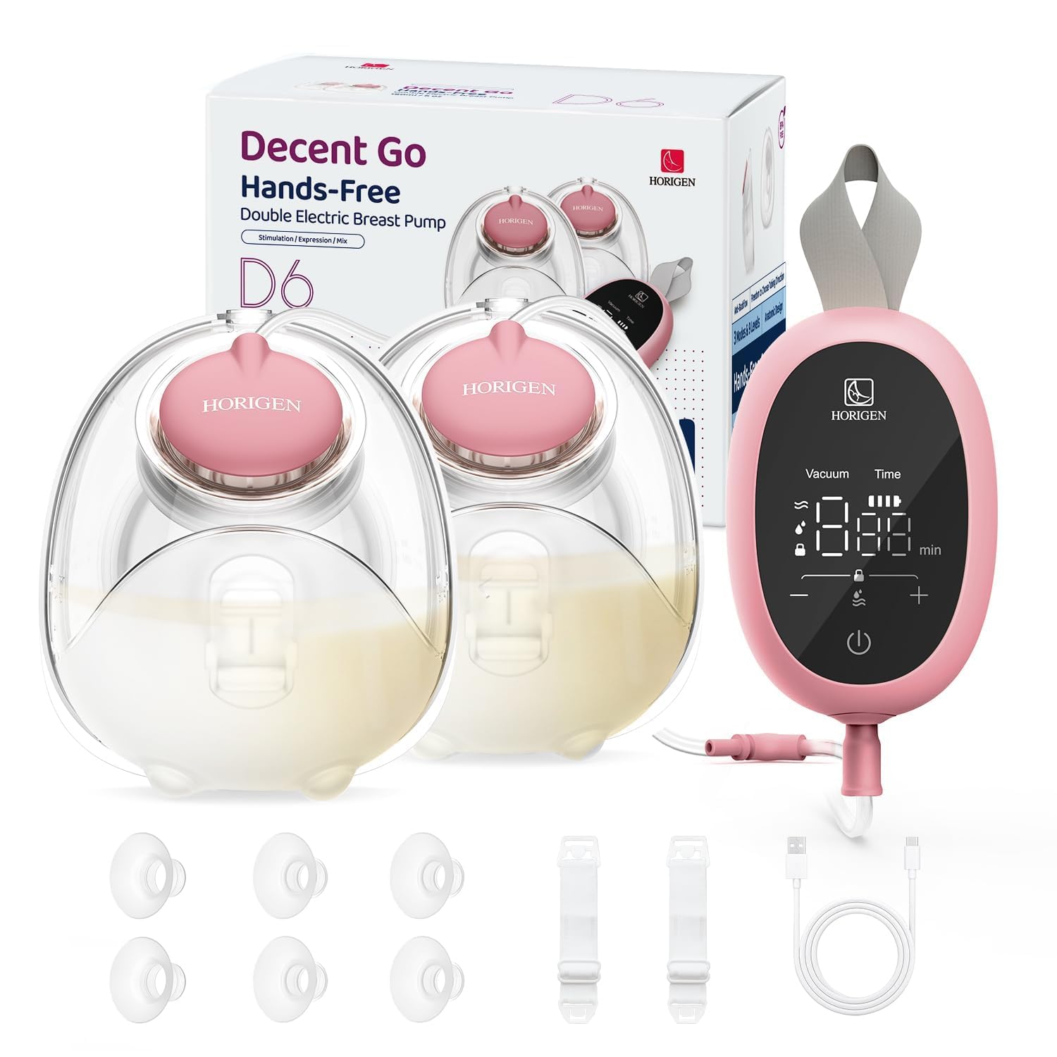 HORIGEN D6 wearable breast pump in use for hands-free pumping.