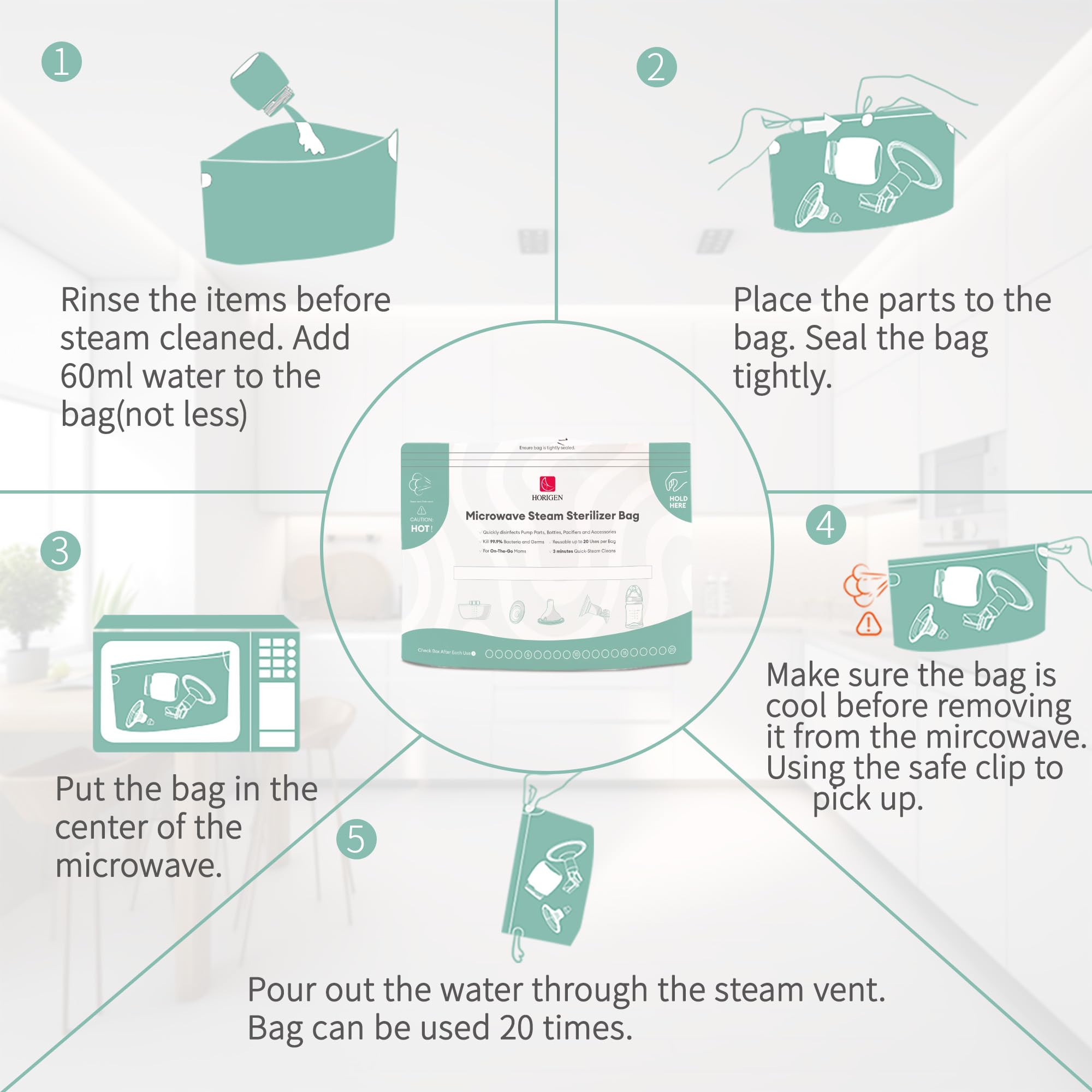 HORIGEN microwave sterilizer bag in use shows 90-second quick cleaning.