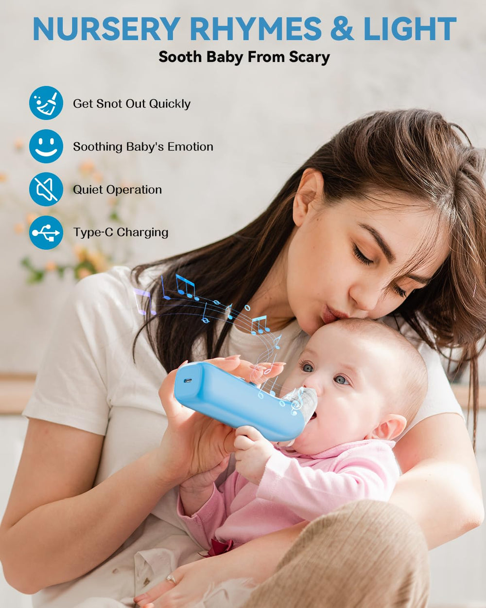 Calming light and music from HORIGEN soothe baby during nasal care