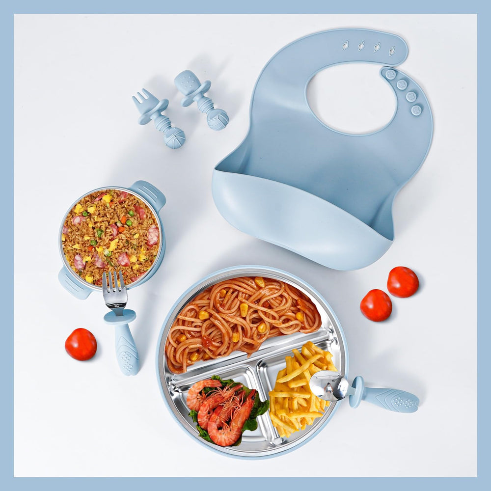 HORNORM durable, easy-to-clean 7-piece set supports independent eating.