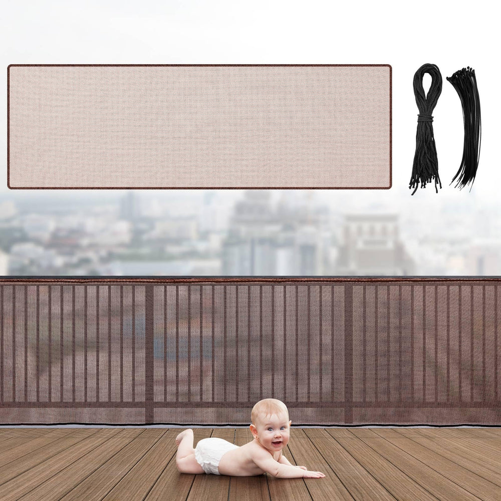 Hosuly banister guard netting on a brown railing protects kids and pets while preserving visibility.