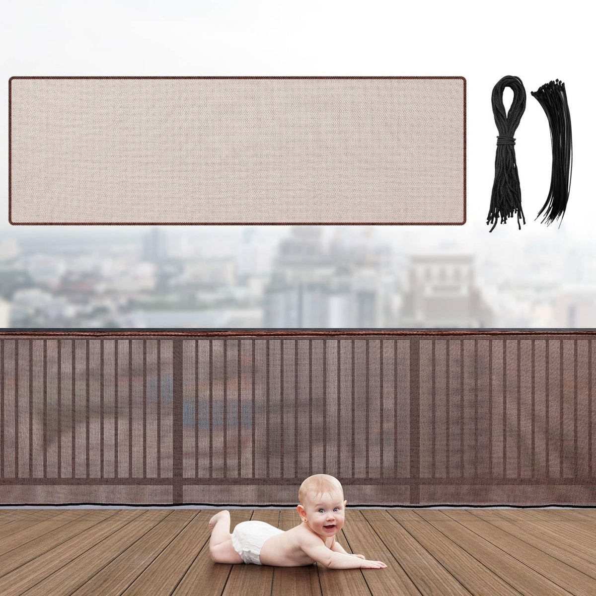 Hosuly banister guard netting on a brown railing protects kids and pets while preserving visibility.