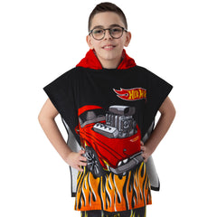Hot Wheels hooded towel shows red hood keeping kids warm after swimming
