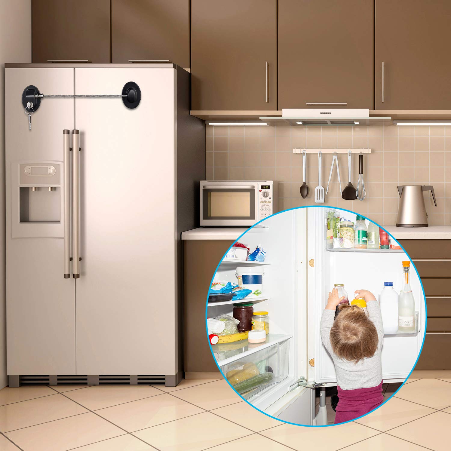 Hotop lock on a cupboard door helps prevent curious infants from reaching contents.