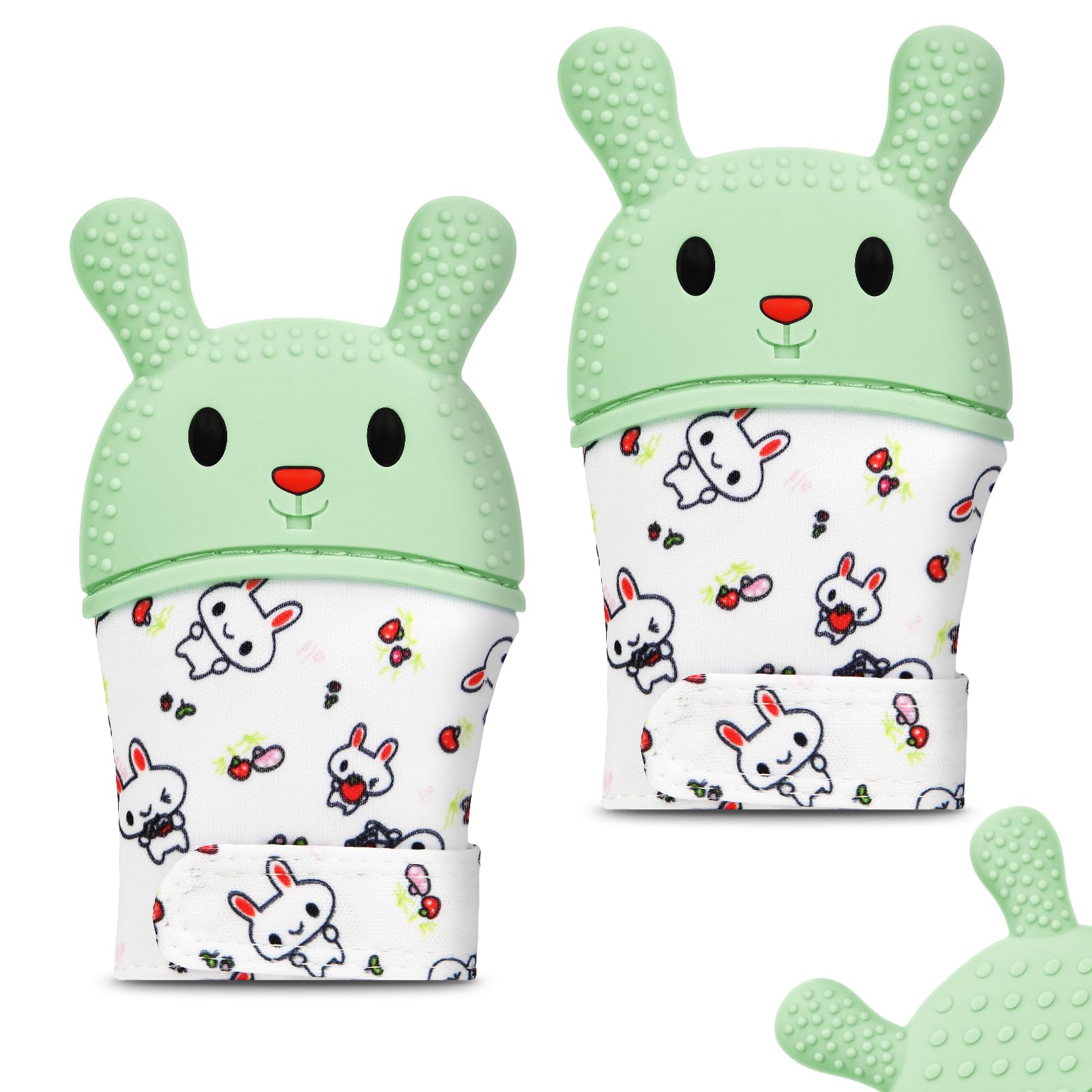 HOTUT teething mitt rabbit close-up for soothing gums during playtime.