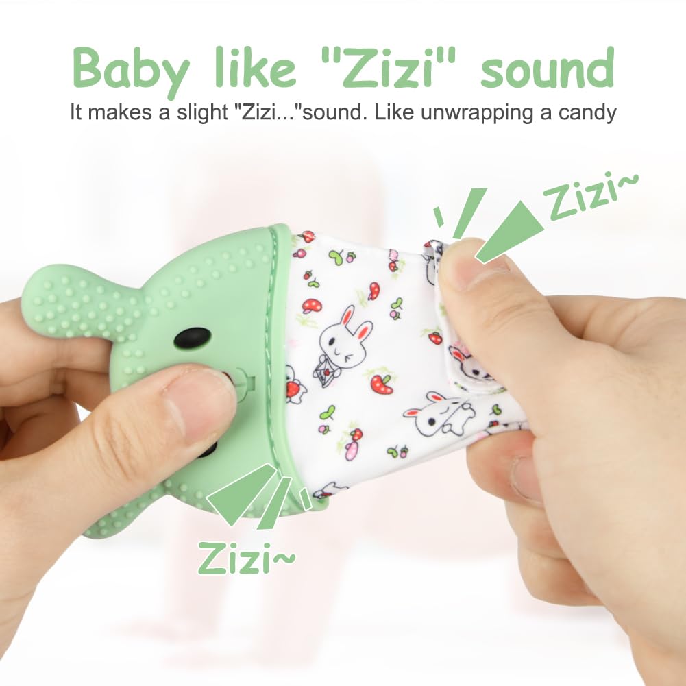HOTUT teething mitt worn on baby hand for hands-free chewing safety.