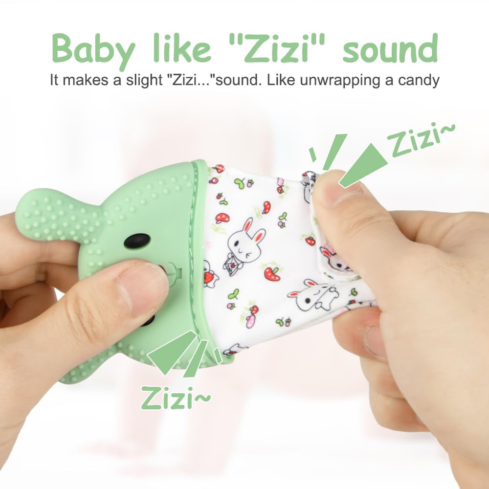 HOTUT teething mitt worn on baby hand for hands-free chewing safety.