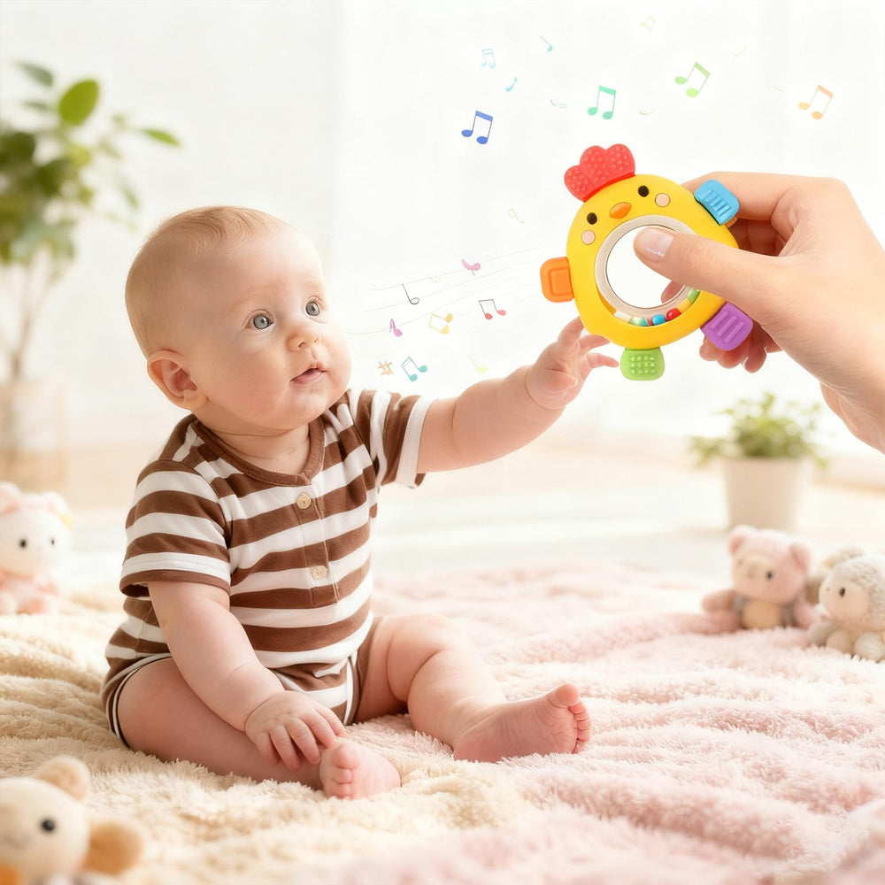 Houcopa bright chick design enhances sensory exploration during playtime.
