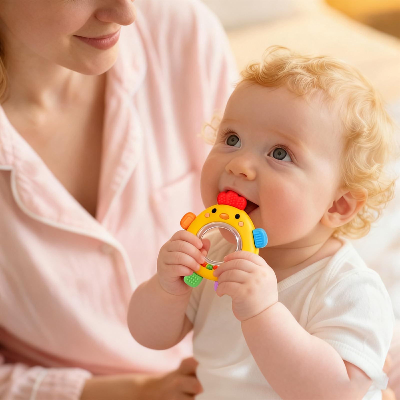 Houcopa teether rattle with easy-grip ring and colorful pellets.