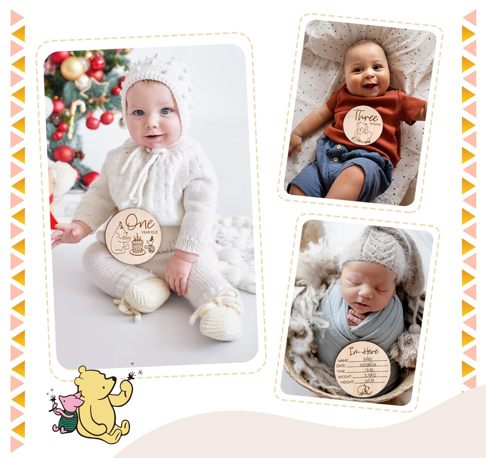 Houism Winnie monthly marker used as a baby photo prop in a cozy setup
