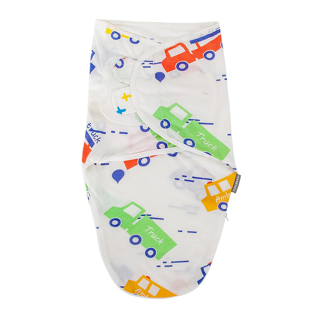 HOUSBAY baby swaddle blanket with colorful car print for cozy, secure sleep.