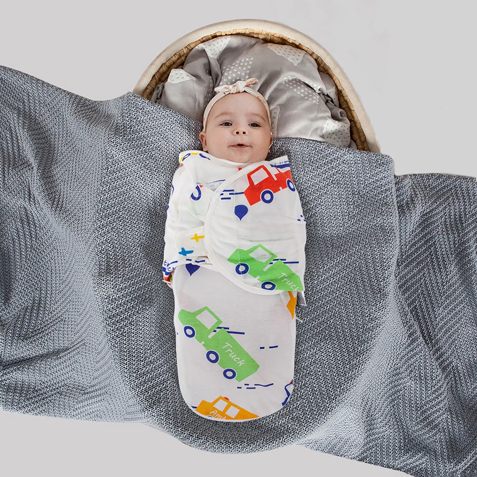 HOUSBAY swaddle features growth-adjustable tape with a colorful car design.