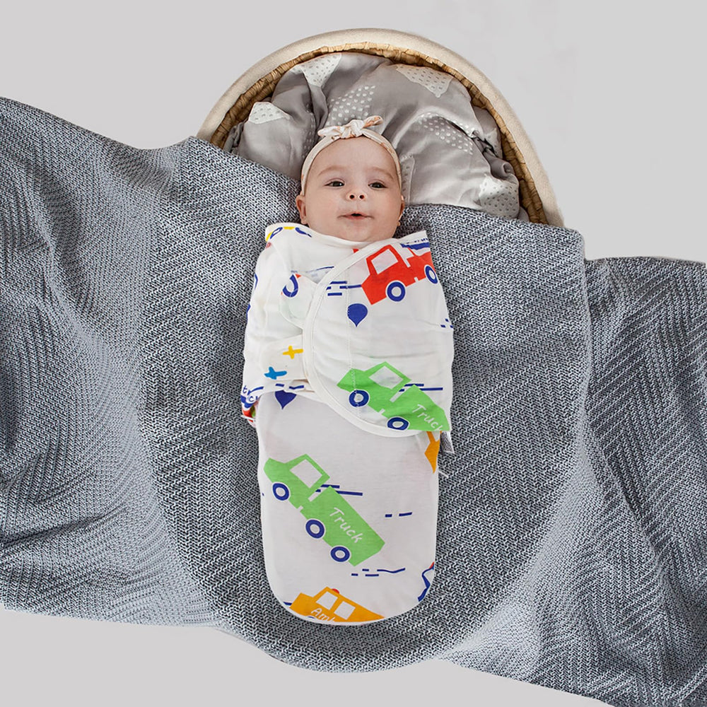 HOUSBAY swaddle features growth-adjustable tape with a colorful car design.