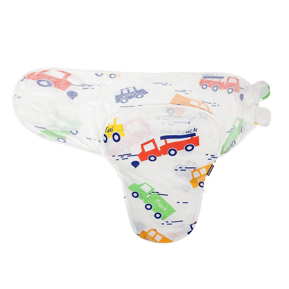 HOUSBAY swaddle laid flat illustrating womb-like fit for soothing sleep.