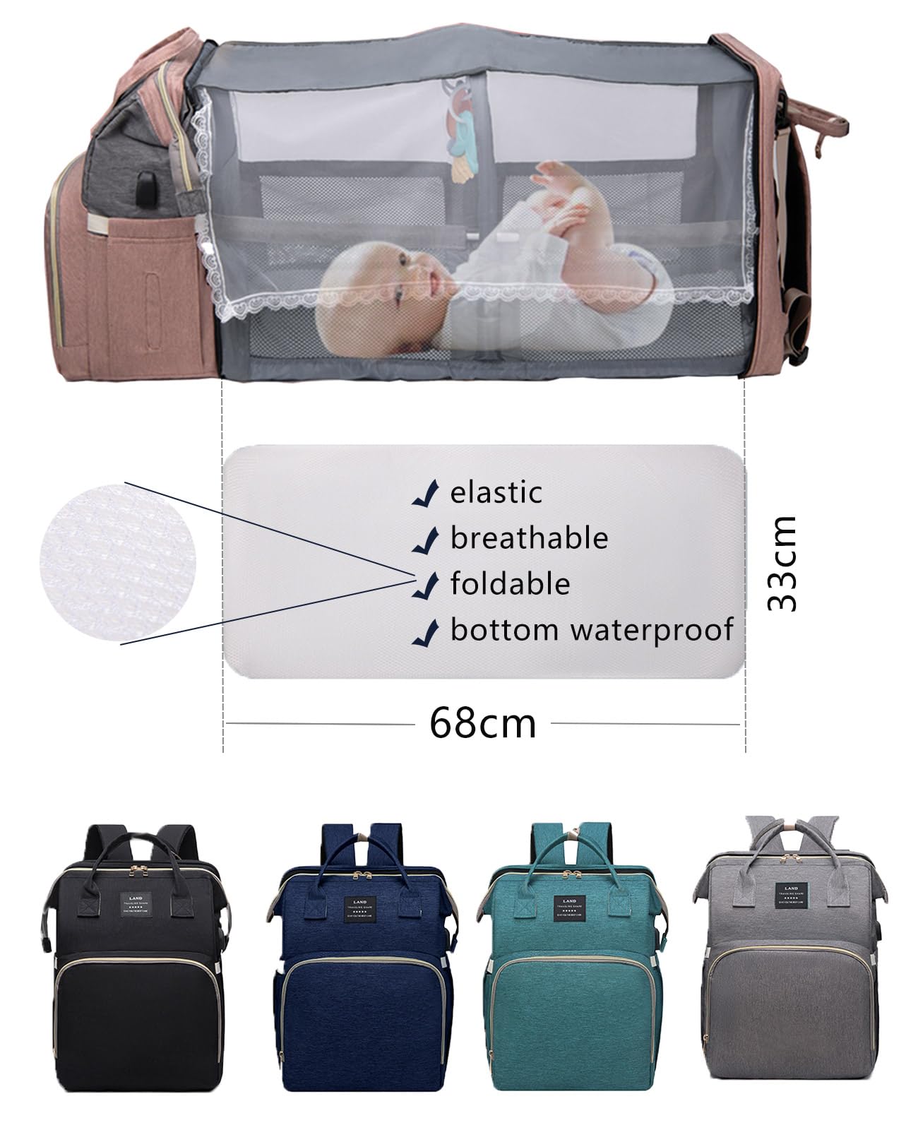 Houscly diaper bag waterproof wet/dry pocket keeps damp items separate.