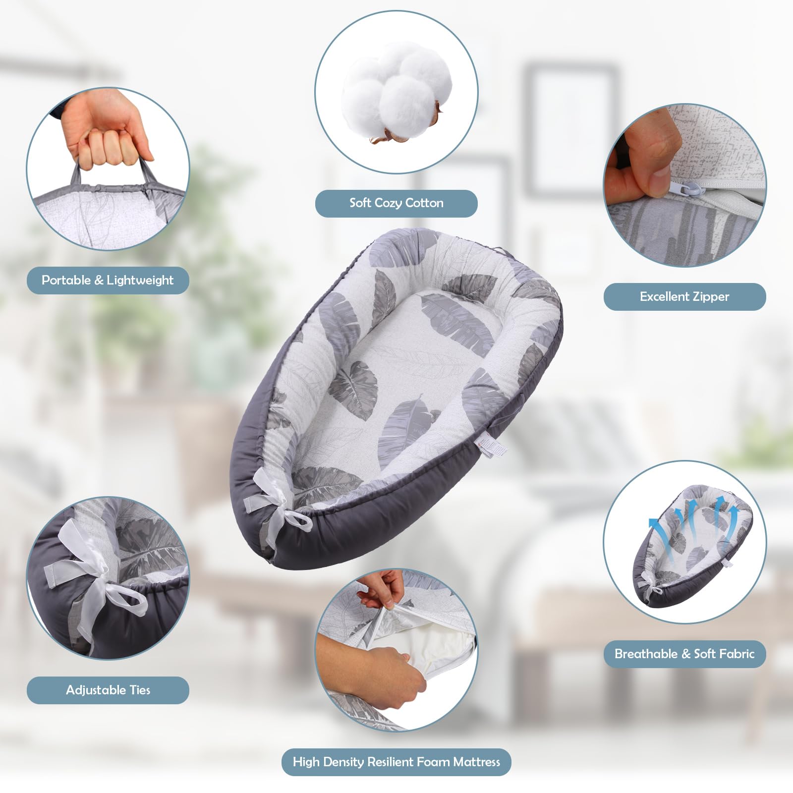 HOVIKOKI baby lounger in use on the floor for safe lounging