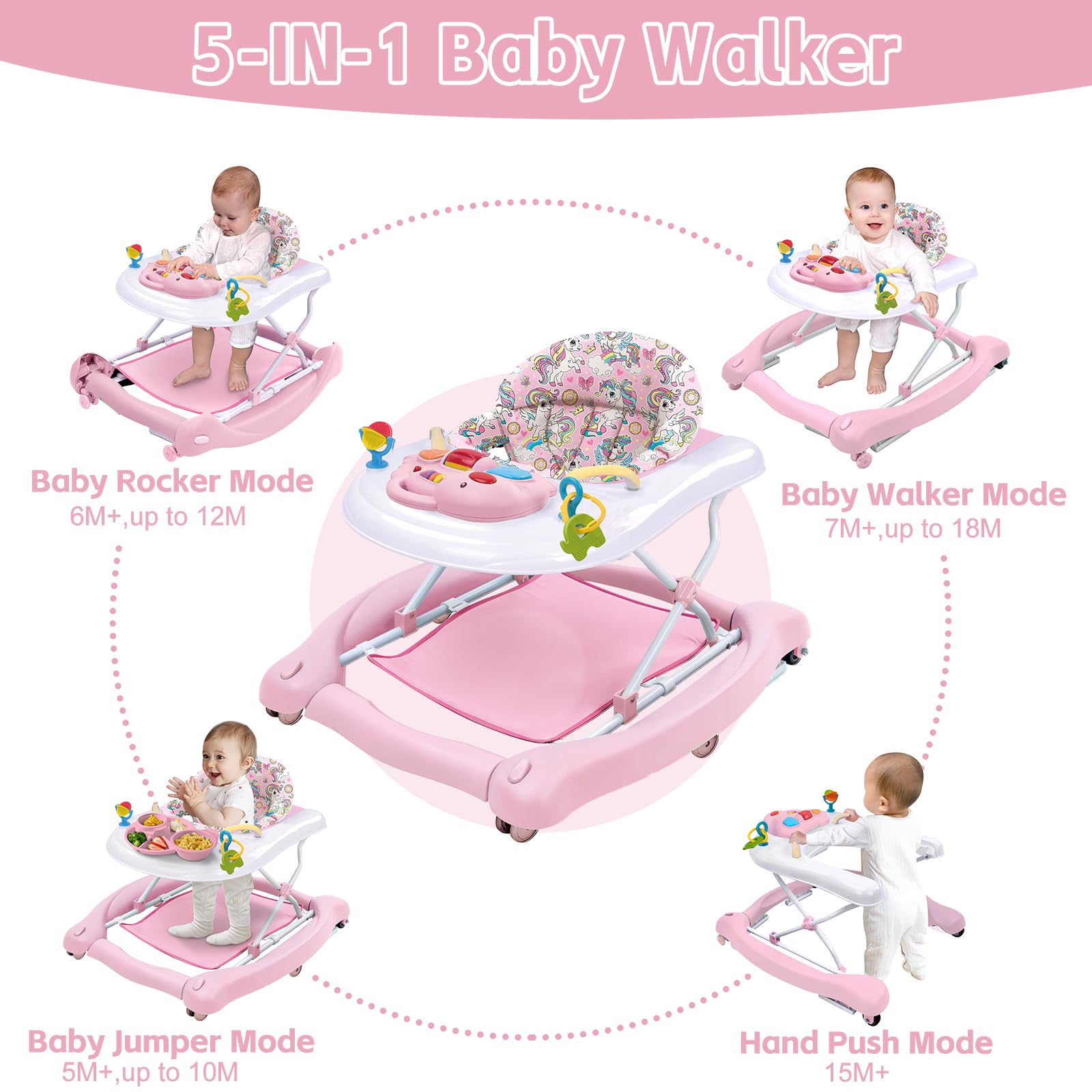 Howeemo 5-in-1 foldable baby walker in bouncer mode offers gentle rocking.