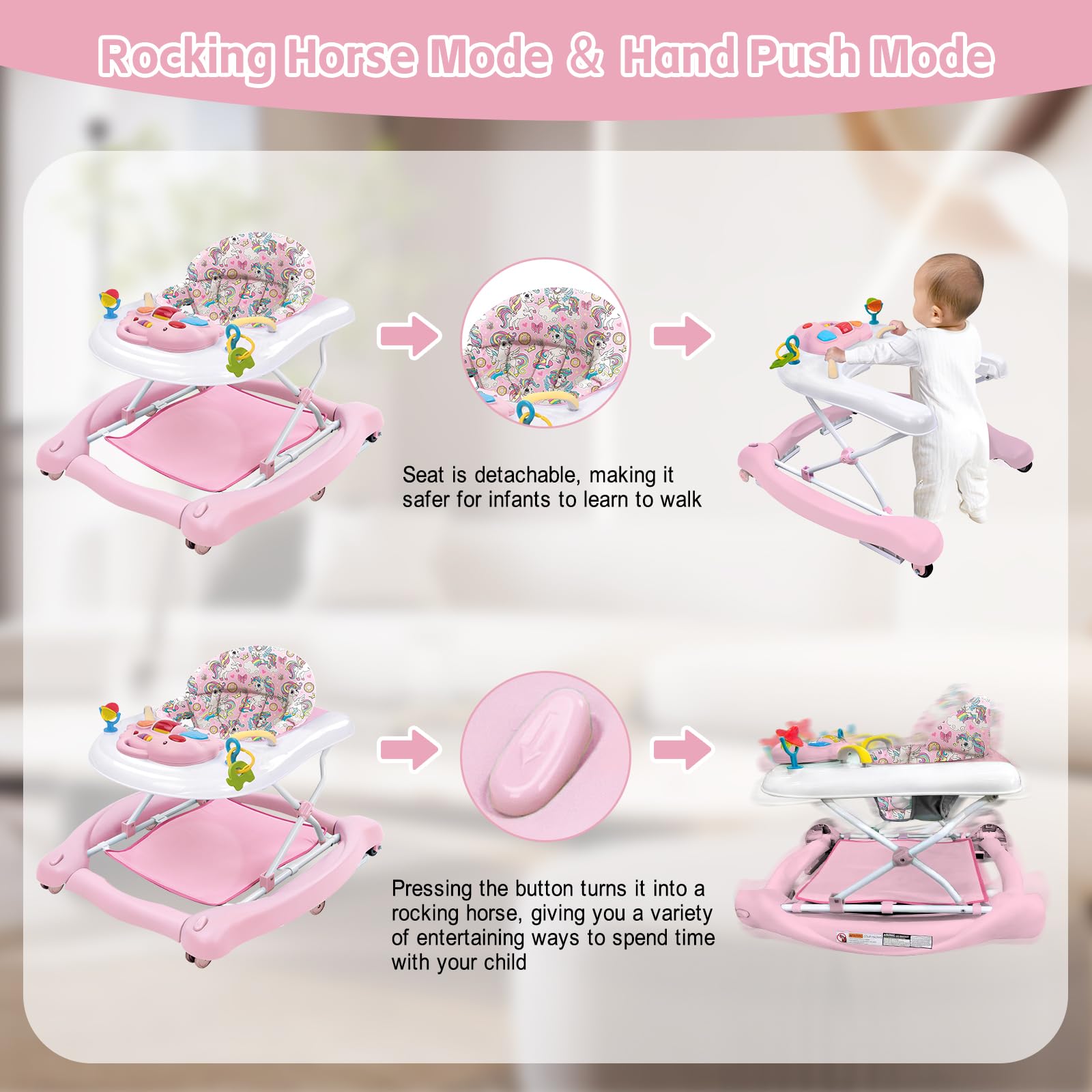Howeemo 5-in-1 foldable baby walker height adjustment adapts as baby grows.